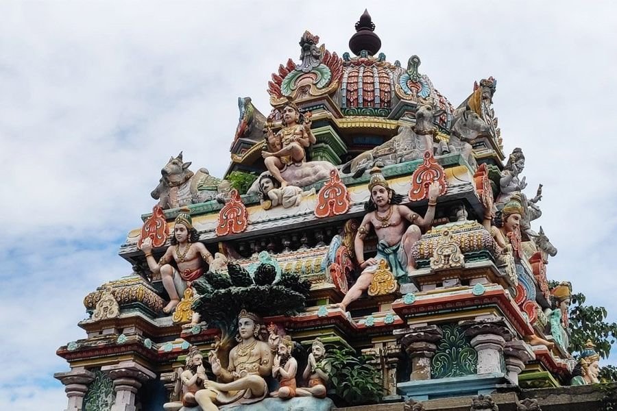 Carved stone gopuram of an ancient temple near Pondicherry
