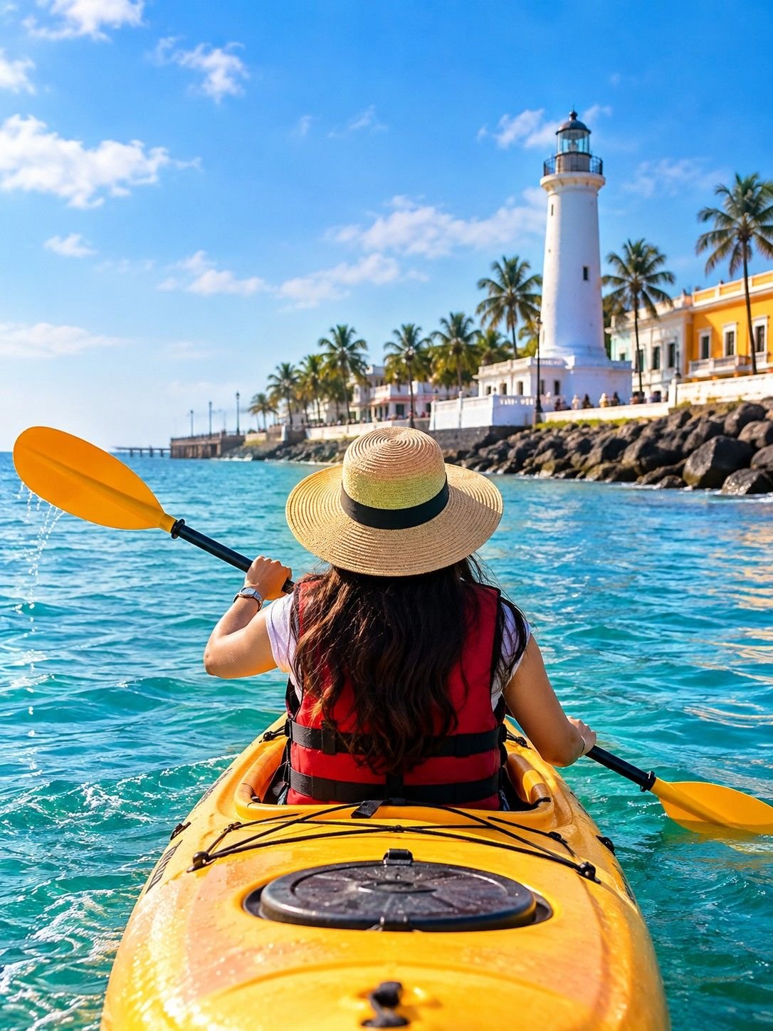 A kayaker in a sun hat paddling turquoise water toward the Pondicherry lighthouse and seafront