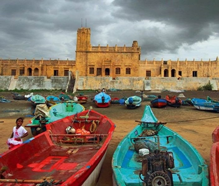The seafront at Tranquebar with the Danish-era Fort Dansborg